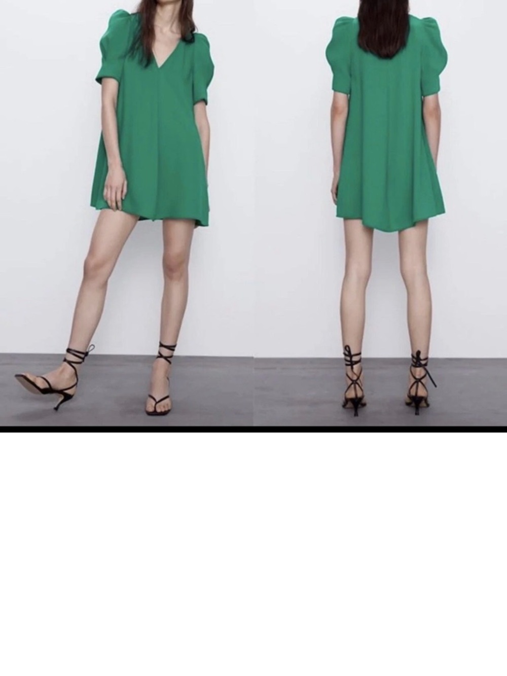 Zara Emerald Green V-Neck Midi Dress with Puff Sleeves